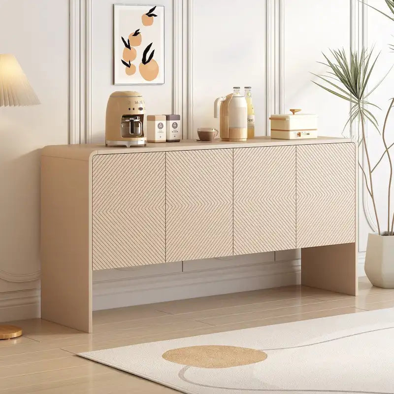 Buffet de style minimaliste, grande capacité de rangement de 60 L, avec 4 portes et mécanisme à ressort, pour le salon et l’entrée (crème abricot)
