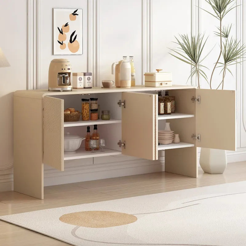 Buffet de style minimaliste, grande capacité de rangement de 60 L, avec 4 portes et mécanisme à ressort, pour le salon et l’entrée (crème abricot)