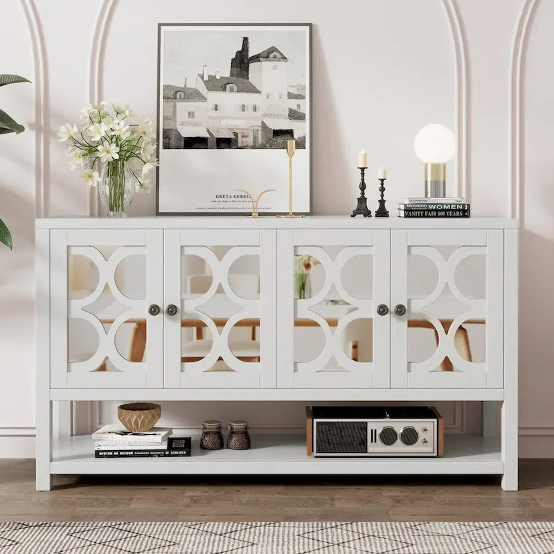 Console élégante rétro / meuble de rangement / buffet avec portes miroir, étagères spacieuses et pieds solides en bois d'acacia