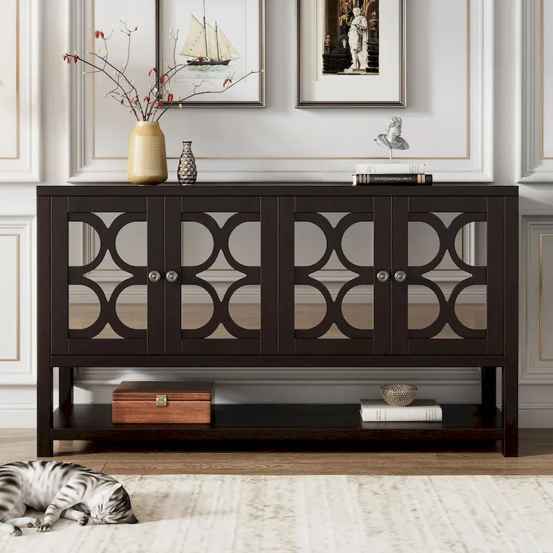 Elegante mesa consola retro/armario de almacenamiento/aparador con puertas espejadas, amplios estantes y duraderas patas de madera de acacia