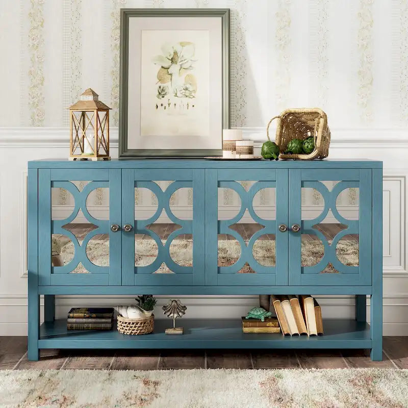 Elegante mesa consola retro/armario de almacenamiento/aparador con puertas espejadas, amplios estantes y duraderas patas de madera de acacia