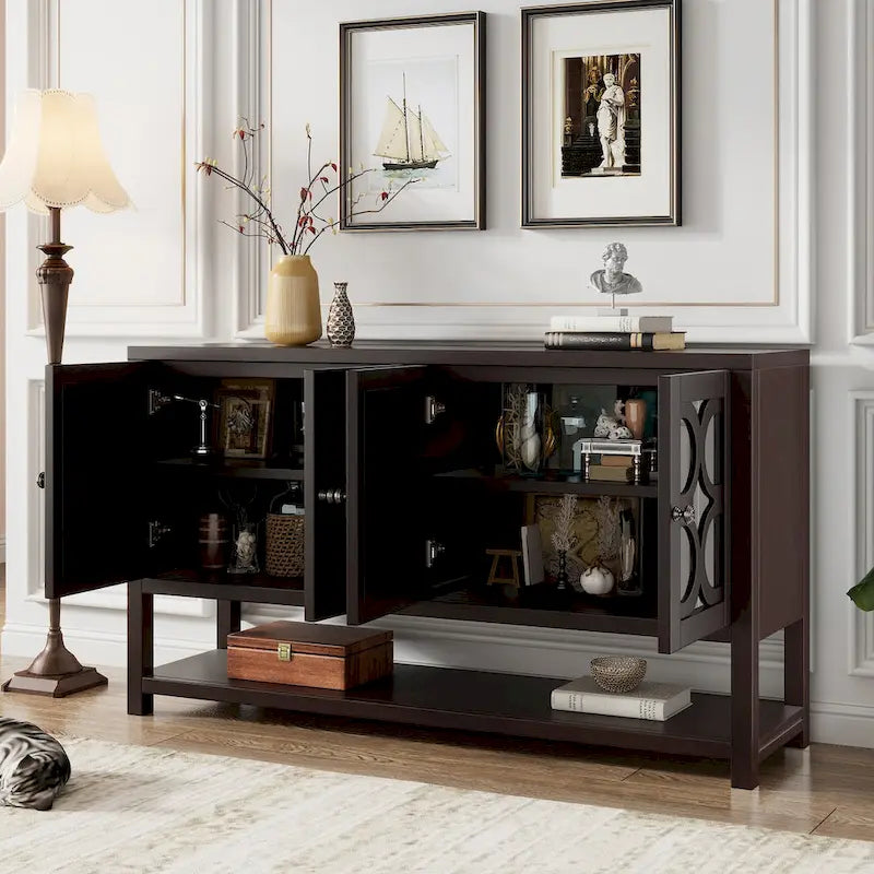 Elegante mesa consola retro/armario de almacenamiento/aparador con puertas espejadas, amplios estantes y duraderas patas de madera de acacia