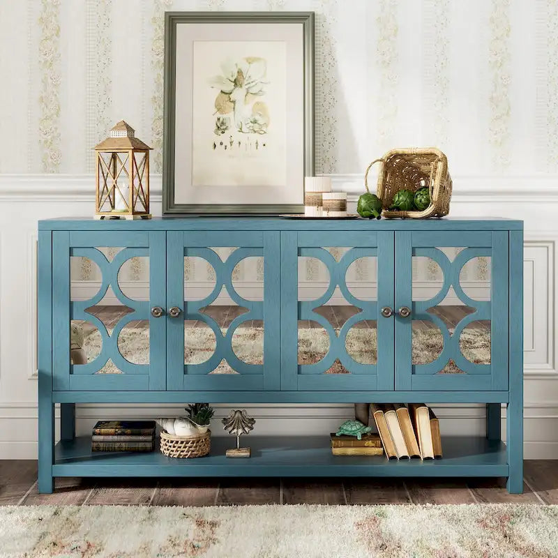 Elegante mesa consola retro/armario de almacenamiento/aparador con puertas espejadas, amplios estantes y duraderas patas de madera de acacia