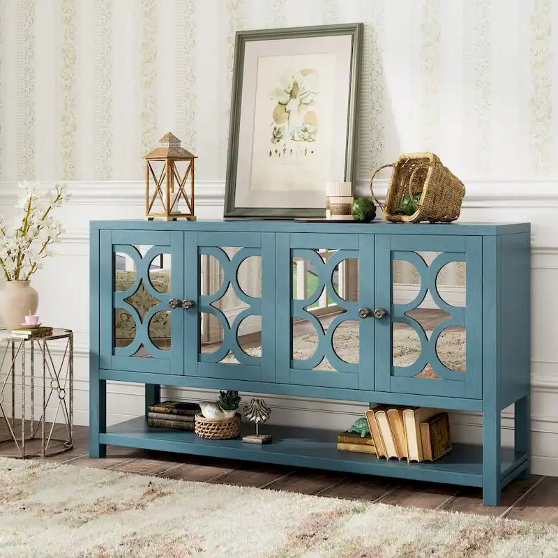 Console élégante rétro / meuble de rangement / buffet avec portes miroir, étagères spacieuses et pieds solides en bois d'acacia