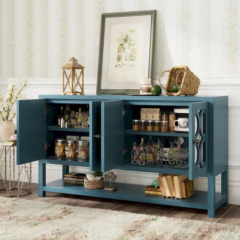 Console élégante rétro / meuble de rangement / buffet avec portes miroir, étagères spacieuses et pieds solides en bois d'acacia