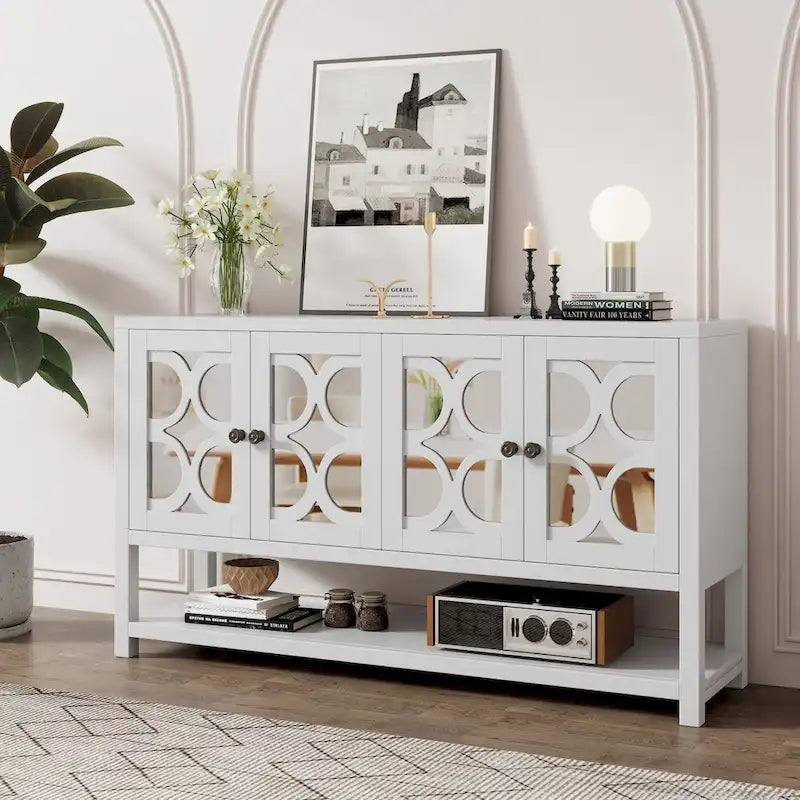 Console élégante rétro / meuble de rangement / buffet avec portes miroir, étagères spacieuses et pieds solides en bois d'acacia