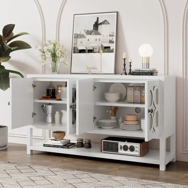 Console élégante rétro / meuble de rangement / buffet avec portes miroir, étagères spacieuses et pieds solides en bois d'acacia