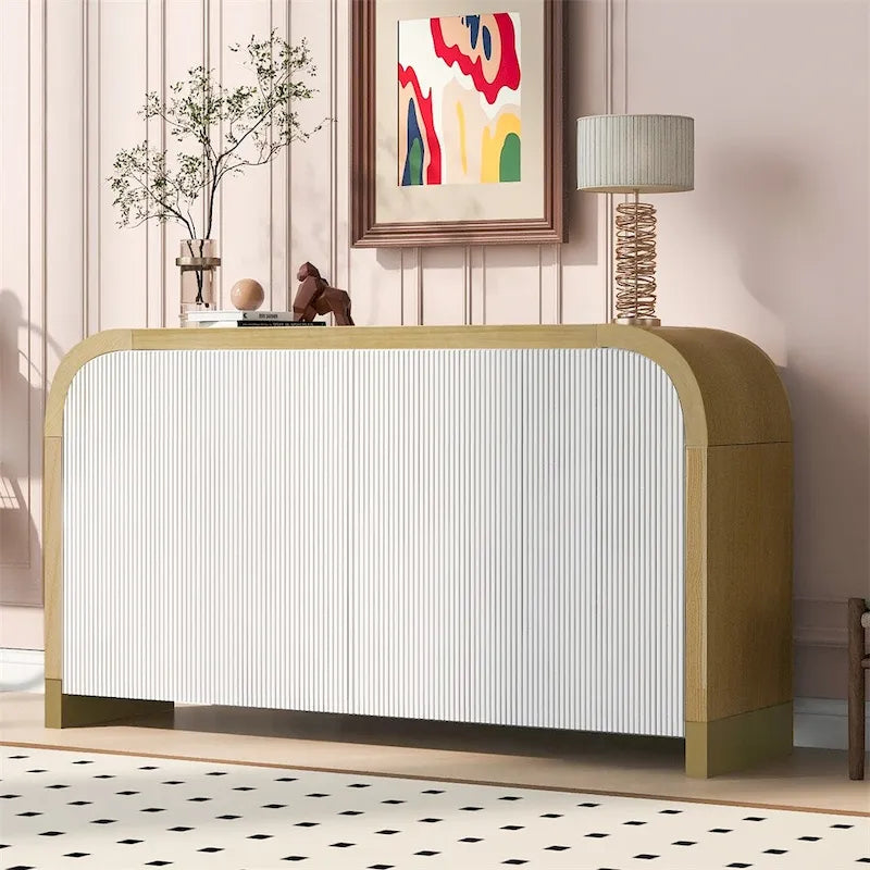 Armario esquinero curvo de madera con estantes ajustables y 4 puertas
